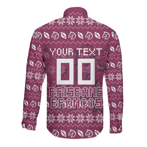 Personalized Brisbane Broncos Christmas Long Sleeve Button Shirt Australian Rugby Fans - Pixelated Ugly Xmas Pattern Mascot Santa