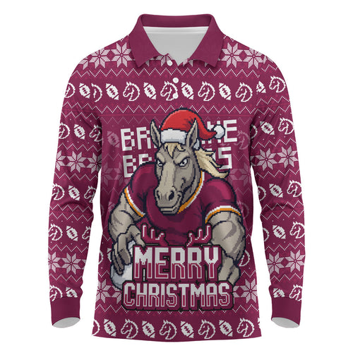 Personalized Brisbane Broncos Christmas Long Sleeve Polo Shirt Australian Rugby Fans - Pixelated Ugly Xmas Pattern Mascot Santa