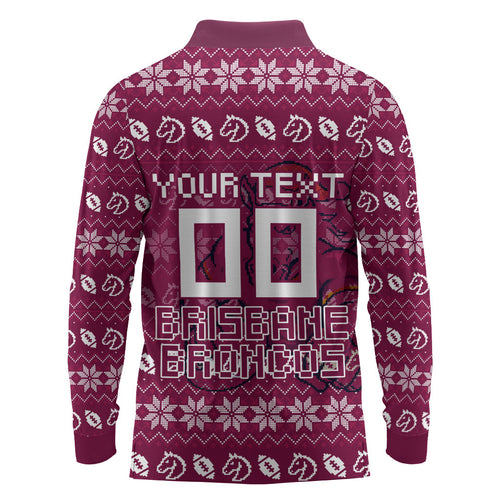 Personalized Brisbane Broncos Christmas Long Sleeve Polo Shirt Australian Rugby Fans - Pixelated Ugly Xmas Pattern Mascot Santa