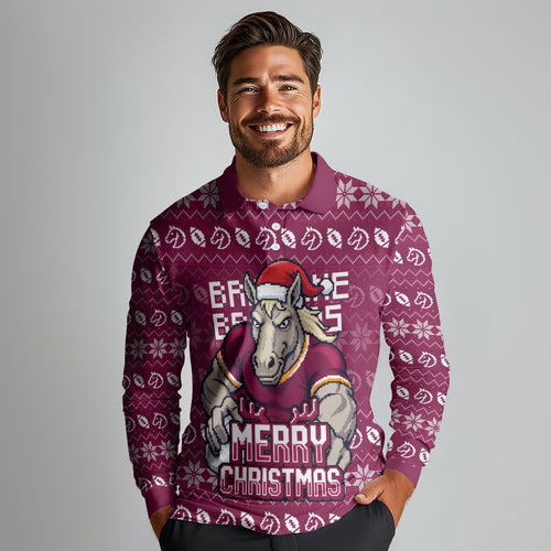 Personalized Brisbane Broncos Christmas Long Sleeve Polo Shirt Australian Rugby Fans - Pixelated Ugly Xmas Pattern Mascot Santa