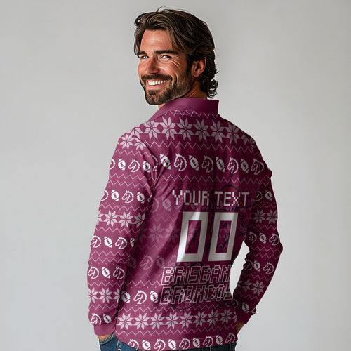 Personalized Brisbane Broncos Christmas Long Sleeve Polo Shirt Australian Rugby Fans - Pixelated Ugly Xmas Pattern Mascot Santa