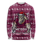Personalized Brisbane Broncos Christmas Long Sleeve Shirt Australian Rugby Fans - Pixelated Ugly Xmas Pattern Mascot Santa