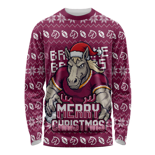 Personalized Brisbane Broncos Christmas Long Sleeve Shirt Australian Rugby Fans - Pixelated Ugly Xmas Pattern Mascot Santa