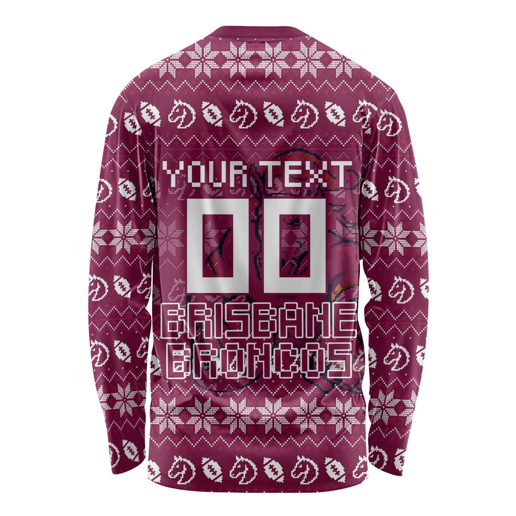 Personalized Brisbane Broncos Christmas Long Sleeve Shirt Australian Rugby Fans - Pixelated Ugly Xmas Pattern Mascot Santa