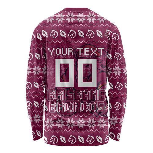 Personalized Brisbane Broncos Christmas Long Sleeve Shirt Australian Rugby Fans - Pixelated Ugly Xmas Pattern Mascot Santa