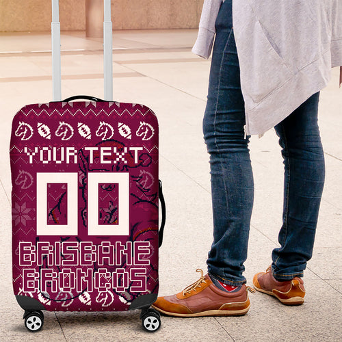 Personalized Brisbane Broncos Christmas Luggage Cover Australian Rugby Fans - Pixelated Ugly Xmas Pattern Mascot Santa