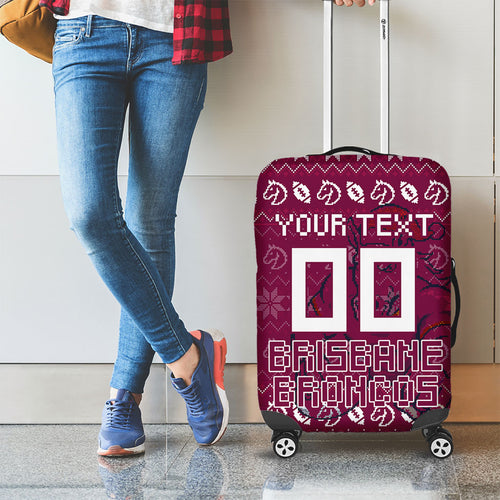 Personalized Brisbane Broncos Christmas Luggage Cover Australian Rugby Fans - Pixelated Ugly Xmas Pattern Mascot Santa