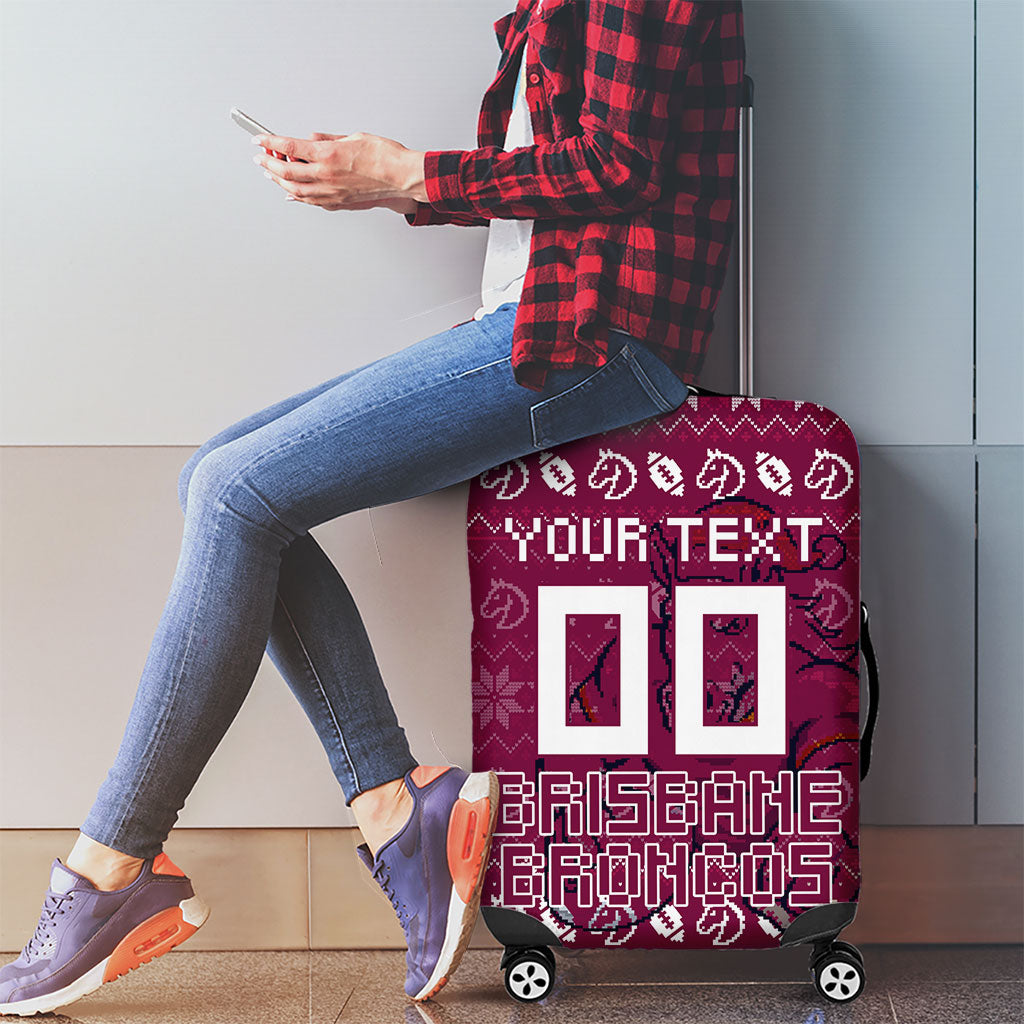 Personalized Brisbane Broncos Christmas Luggage Cover Australian Rugby Fans - Pixelated Ugly Xmas Pattern Mascot Santa