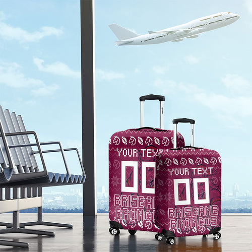 Personalized Brisbane Broncos Christmas Luggage Cover Australian Rugby Fans - Pixelated Ugly Xmas Pattern Mascot Santa