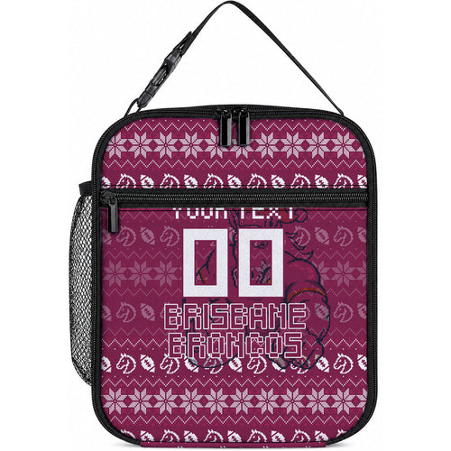 Personalized Brisbane Broncos Christmas Lunch Bag Australian Rugby Fans - Pixelated Ugly Xmas Pattern Mascot Santa