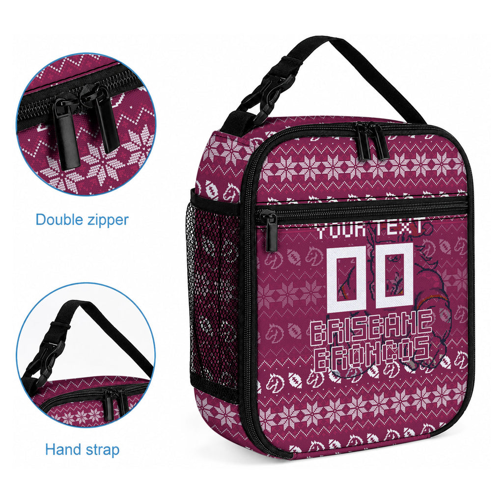 Personalized Brisbane Broncos Christmas Lunch Bag Australian Rugby Fans - Pixelated Ugly Xmas Pattern Mascot Santa