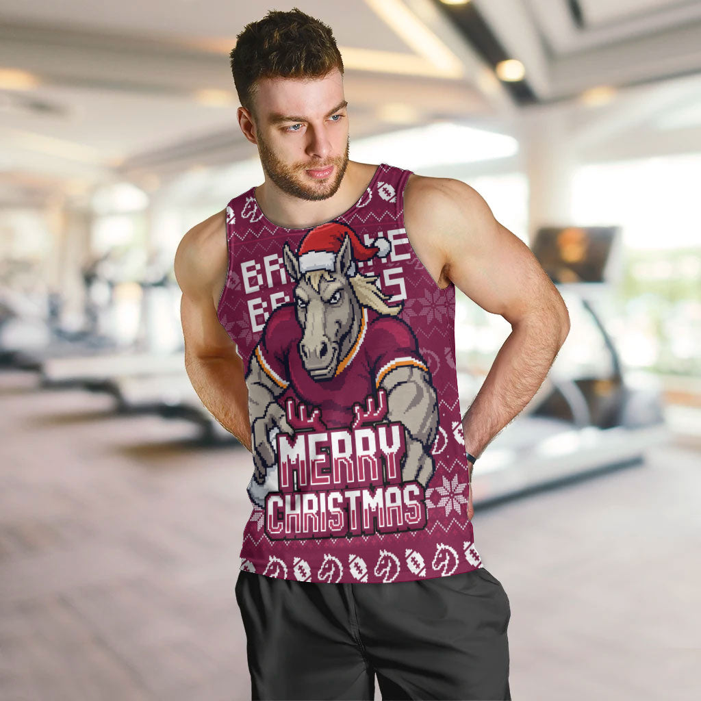 Personalized Brisbane Broncos Christmas Men Tank Top Australian Rugby Fans - Pixelated Ugly Xmas Pattern Mascot Santa