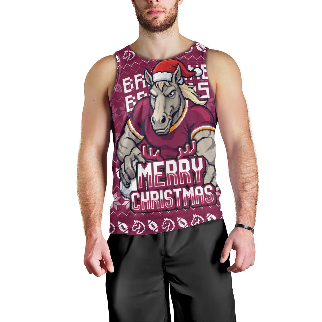Personalized Brisbane Broncos Christmas Men Tank Top Australian Rugby Fans - Pixelated Ugly Xmas Pattern Mascot Santa