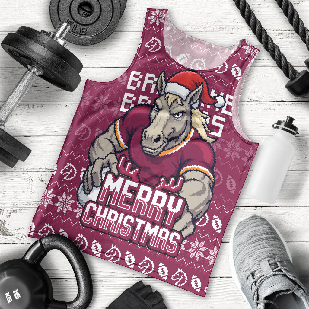 Personalized Brisbane Broncos Christmas Men Tank Top Australian Rugby Fans - Pixelated Ugly Xmas Pattern Mascot Santa