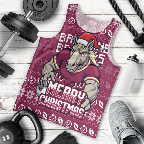 Personalized Brisbane Broncos Christmas Men Tank Top Australian Rugby Fans - Pixelated Ugly Xmas Pattern Mascot Santa
