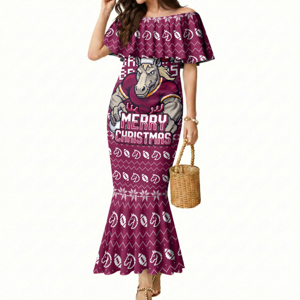 Personalized Brisbane Broncos Christmas Mermaid Dress Australian Rugby Fans - Pixelated Ugly Xmas Pattern Mascot Santa