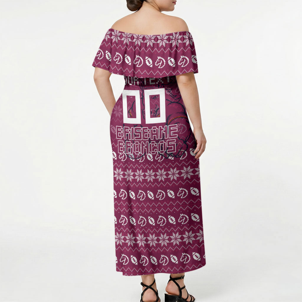 Personalized Brisbane Broncos Christmas Off Shoulder Maxi Dress Australian Rugby Fans - Pixelated Ugly Xmas Pattern Mascot Santa
