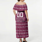 Personalized Brisbane Broncos Christmas Off Shoulder Maxi Dress Australian Rugby Fans - Pixelated Ugly Xmas Pattern Mascot Santa