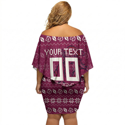 Personalized Brisbane Broncos Christmas Off Shoulder Short Dress Australian Rugby Fans - Pixelated Ugly Xmas Pattern Mascot Santa