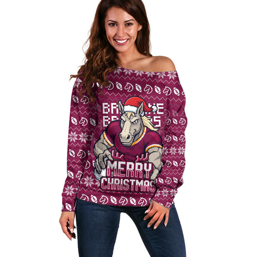 Personalized Brisbane Broncos Christmas Off Shoulder Sweater Australian Rugby Fans - Pixelated Ugly Xmas Pattern Mascot Santa