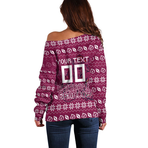 Personalized Brisbane Broncos Christmas Off Shoulder Sweater Australian Rugby Fans - Pixelated Ugly Xmas Pattern Mascot Santa