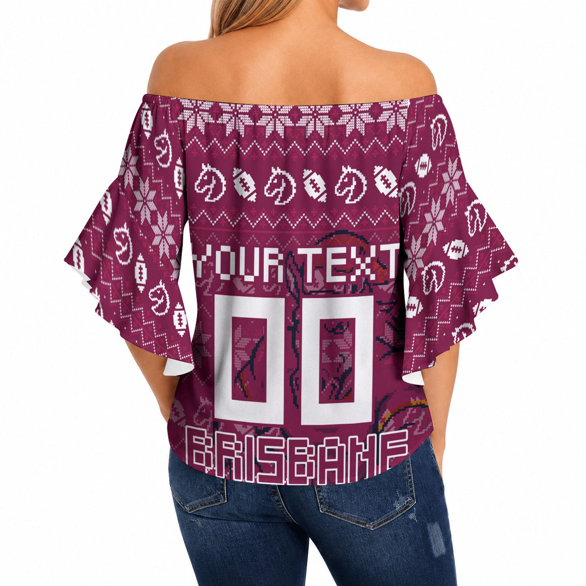 Personalized Brisbane Broncos Christmas Off Shoulder Wrap Waist Top Australian Rugby Fans - Pixelated Ugly Xmas Pattern Mascot Santa