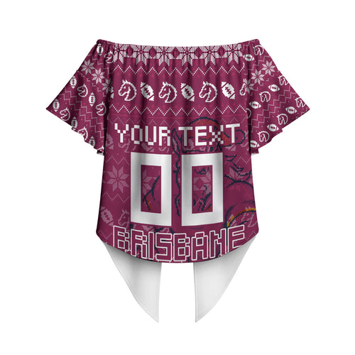 Personalized Brisbane Broncos Christmas Off Shoulder Wrap Waist Top Australian Rugby Fans - Pixelated Ugly Xmas Pattern Mascot Santa
