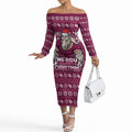 Personalized Brisbane Broncos Christmas Off The Shoulder Long Sleeve Dress Australian Rugby Fans - Pixelated Ugly Xmas Pattern Mascot Santa