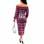 Personalized Brisbane Broncos Christmas Off The Shoulder Long Sleeve Dress Australian Rugby Fans - Pixelated Ugly Xmas Pattern Mascot Santa