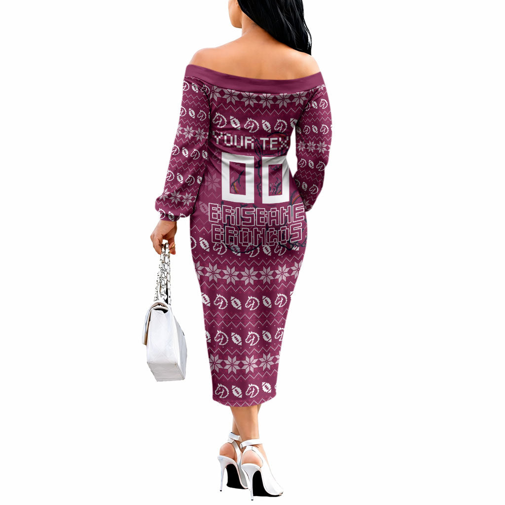 Personalized Brisbane Broncos Christmas Off The Shoulder Long Sleeve Dress Australian Rugby Fans - Pixelated Ugly Xmas Pattern Mascot Santa