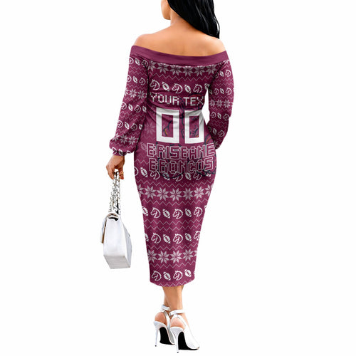 Personalized Brisbane Broncos Christmas Off The Shoulder Long Sleeve Dress Australian Rugby Fans - Pixelated Ugly Xmas Pattern Mascot Santa