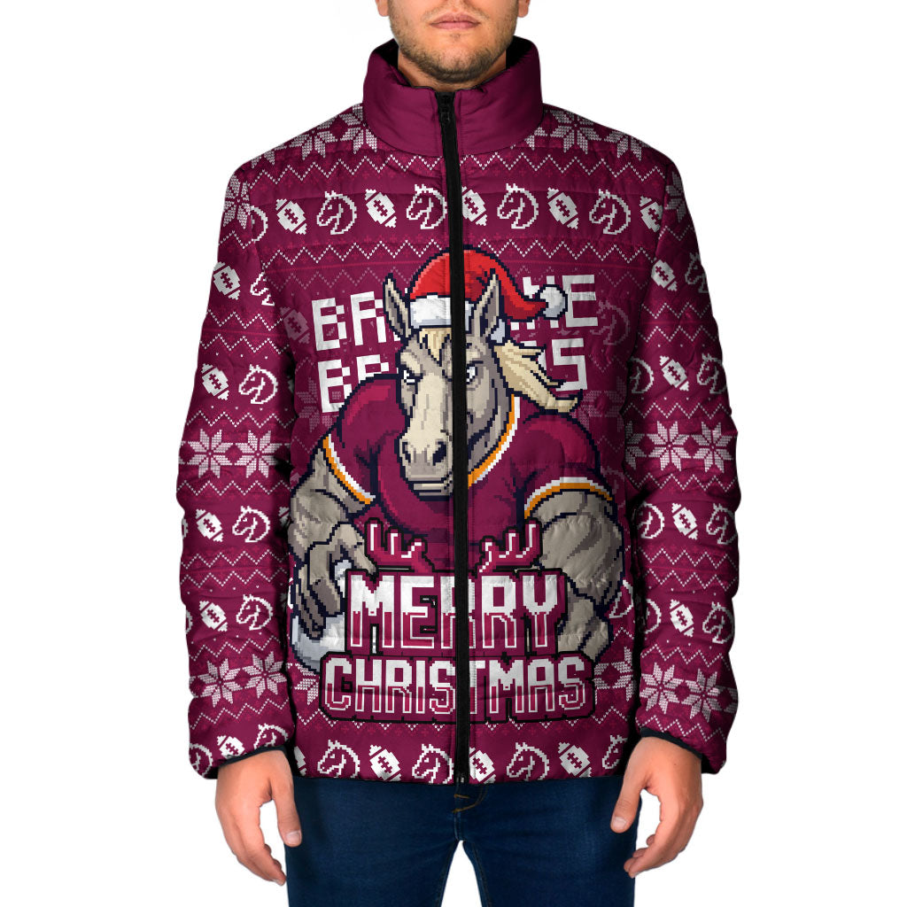 Personalized Brisbane Broncos Christmas Padded Jacket Australian Rugby Fans - Pixelated Ugly Xmas Pattern Mascot Santa