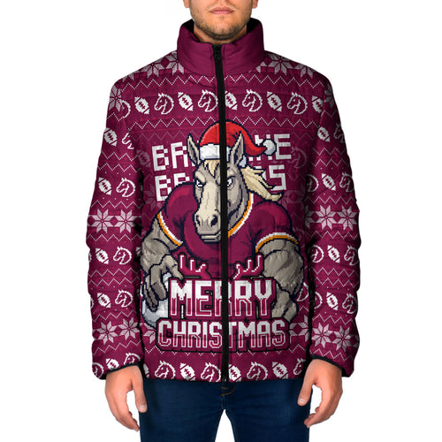 Personalized Brisbane Broncos Christmas Padded Jacket Australian Rugby Fans - Pixelated Ugly Xmas Pattern Mascot Santa