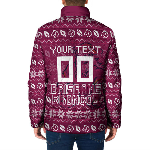 Personalized Brisbane Broncos Christmas Padded Jacket Australian Rugby Fans - Pixelated Ugly Xmas Pattern Mascot Santa