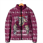 Personalized Brisbane Broncos Christmas Padded Jacket Australian Rugby Fans - Pixelated Ugly Xmas Pattern Mascot Santa
