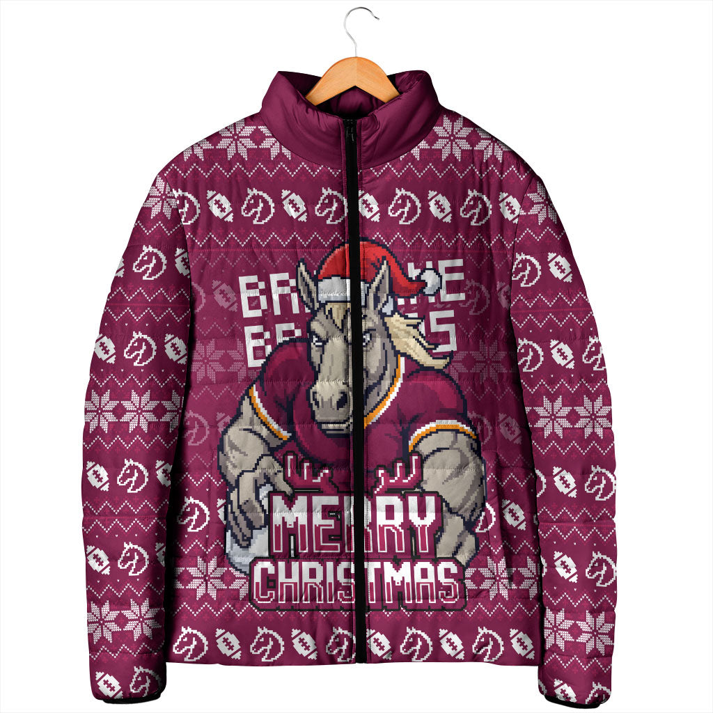Personalized Brisbane Broncos Christmas Padded Jacket Australian Rugby Fans - Pixelated Ugly Xmas Pattern Mascot Santa