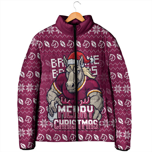 Personalized Brisbane Broncos Christmas Padded Jacket Australian Rugby Fans - Pixelated Ugly Xmas Pattern Mascot Santa
