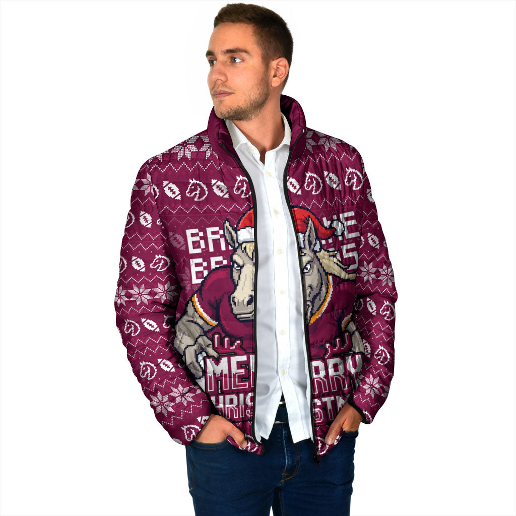 Personalized Brisbane Broncos Christmas Padded Jacket Australian Rugby Fans - Pixelated Ugly Xmas Pattern Mascot Santa
