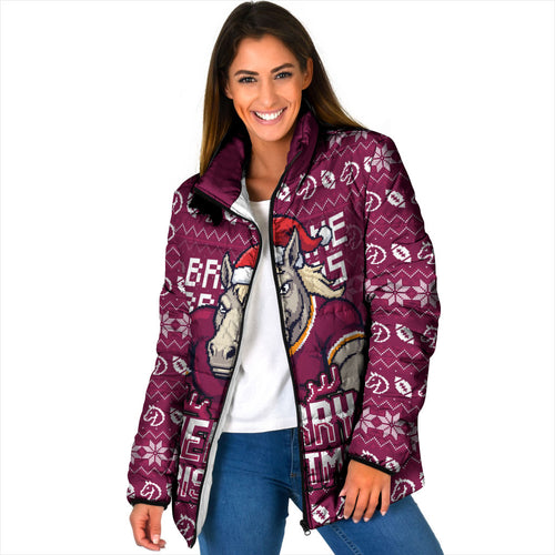 Personalized Brisbane Broncos Christmas Padded Jacket Australian Rugby Fans - Pixelated Ugly Xmas Pattern Mascot Santa