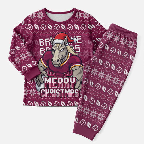Personalized Brisbane Broncos Christmas Pajama Set Australian Rugby Fans - Pixelated Ugly Xmas Pattern Mascot Santa