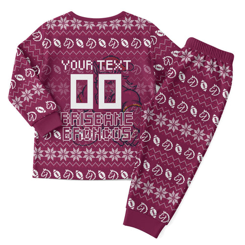 Personalized Brisbane Broncos Christmas Pajama Set Australian Rugby Fans - Pixelated Ugly Xmas Pattern Mascot Santa