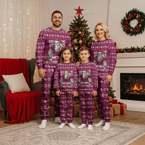 Personalized Brisbane Broncos Christmas Pajama Set Australian Rugby Fans - Pixelated Ugly Xmas Pattern Mascot Santa