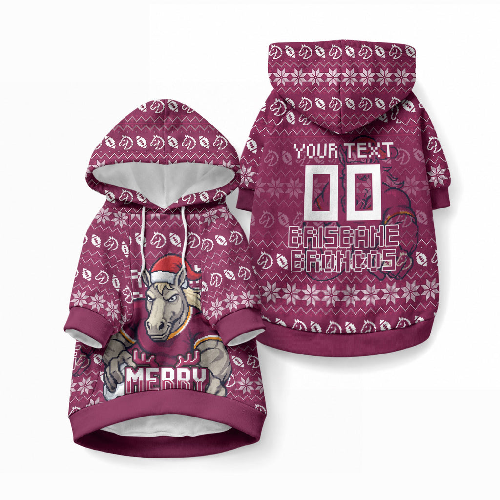 Personalized Brisbane Broncos Christmas Pet Hoodie Australian Rugby Fans - Pixelated Ugly Xmas Pattern Mascot Santa