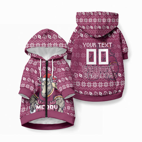 Personalized Brisbane Broncos Christmas Pet Hoodie Australian Rugby Fans - Pixelated Ugly Xmas Pattern Mascot Santa