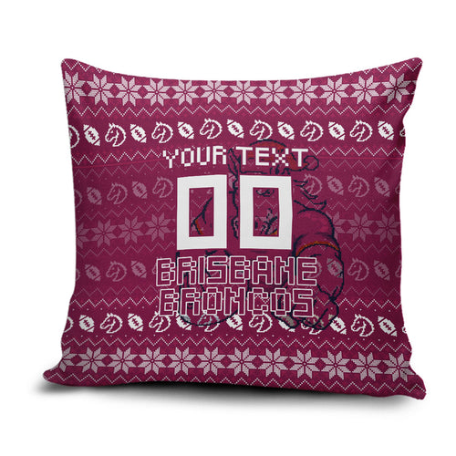 Personalized Brisbane Broncos Christmas Pillow Cover Australian Rugby Fans - Pixelated Ugly Xmas Pattern Mascot Santa