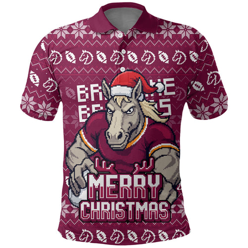Personalized Brisbane Broncos Christmas Polo Shirt Australian Rugby Fans - Pixelated Ugly Xmas Pattern Mascot Santa
