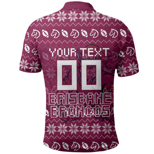 Personalized Brisbane Broncos Christmas Polo Shirt Australian Rugby Fans - Pixelated Ugly Xmas Pattern Mascot Santa