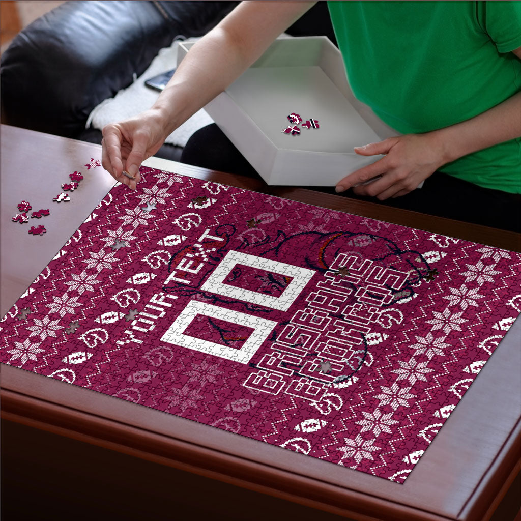 Personalized Brisbane Broncos Christmas Puzzle Australian Rugby Fans - Pixelated Ugly Xmas Pattern Mascot Santa
