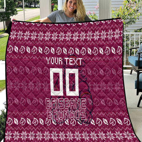 Personalized Brisbane Broncos Christmas Quilt Australian Rugby Fans - Pixelated Ugly Xmas Pattern Mascot Santa