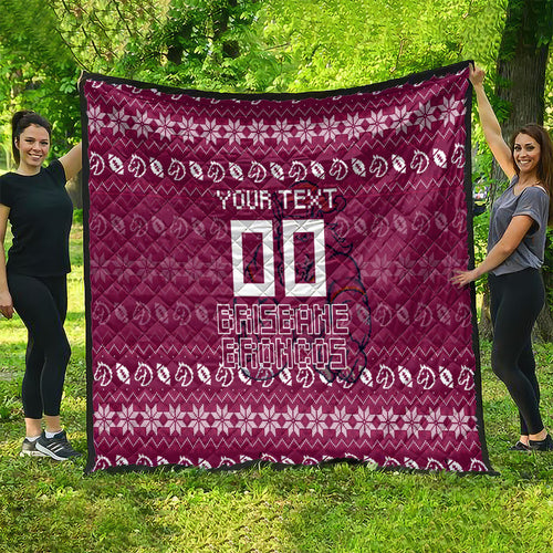 Personalized Brisbane Broncos Christmas Quilt Australian Rugby Fans - Pixelated Ugly Xmas Pattern Mascot Santa
